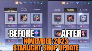 November 2023 Starlight Shop Changes  New Starlight Skins  MLBB [upl. by Jeffrey]