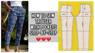 HOW TO CUT AND SEW A FEMALE TROUSER WITH POCKETS  PANT TUTORIAL  DIY [upl. by Osterhus]