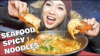 SEAFOOD SPICY NOODLES Lobster  Shrimp MUKBANG OUTSIDE LETS EAT  SASVlogs [upl. by Hastie]