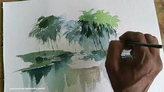 Very simple watercolour landscape painting demonstration step by step tutorial for beginners [upl. by Olympia854]