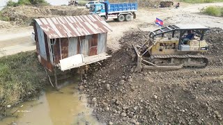 New Land Filling Project Best Performance Old Bulldozer Pushing Dirt with Dump Truck Unloading Dirt [upl. by Mcarthur771]