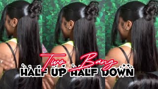 HOW TO TWO BANG HALF UP HALF DOWN QUICK WEAVE TUTORIAL [upl. by Renzo]