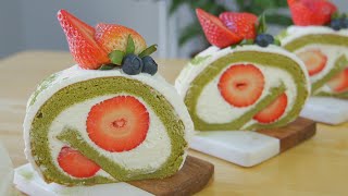 How to make Matcha Swiss roll  Matcha Strawberry cake roll ASMR [upl. by Madid]