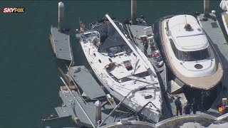 Suspect in custody after stolen yacht crashes into boats Newport Harbor [upl. by Euqnimod607]