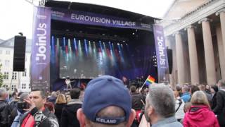 Twin Twin Tanja and Cristina Scarlat visit Eurovision Village [upl. by Idnahk]