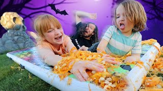 PUMPKiN GUTS WATER SLiDE Family challenges inside Mystery Pumpkins Adley amp Niko spooky Drop Test [upl. by Frasier894]