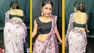 Beautiful Girl Ultra Low Waist Saree Back Pose Video  Saree Fashion Back Pose backlesssaree [upl. by Brendin]