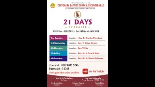 21 Days of Prayer  02nd Jan to 22nd Jan24  Centenary Baptist Church Secunderabad [upl. by Bui818]