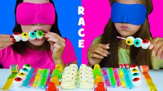 ASMR Candy Race with Closed Eyes Gummy Eyeballs Jelly Straws Peeps Marshmallow [upl. by Lewse]