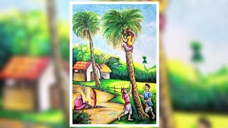 Topic  Winter morning  village scenery  শীতের সকাল  Easy oil pastel drawing for kids [upl. by Adnyleb]