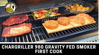 CharGriller 980 Gravity Fed Smoker  First Cook Salmon Pork Steaks Vegetables and Yukon Potatoes [upl. by Yla]