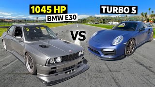 Big Budget Builds race NoPrep 1045hp Widebody Twin Turbo E30 vs 980hp Methanolfueled 991 Turbo S [upl. by Je880]