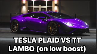 TESLA PLAID VS TWIN TURBO LAMBO on low boost [upl. by Rillings557]