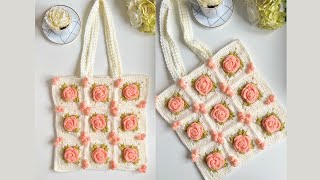 Crochet Flower Granny Square Tote Bag  step by step tutorial for beginners [upl. by Esinel]