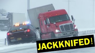 Jackknifed  Minnesota Blizzard Causes Tractor Trailer to Jackknife ON CAMERA April 11 2019 [upl. by Nairrot519]