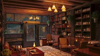 4K Book Coffee Shop with Smooth Piano Jazz Music amp Rain Sounds for Relaxing Studying and Working [upl. by Grindlay]