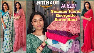 Amazon Saree Haul  Floral Printed Summer Sarees  Georgette Sarees For Farewell Party  Saree Tryon [upl. by Esinrahs]