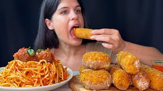 SPAGHETTI MEATBALLS MOZZARELLA STICKS amp SPAGHETTI DONUTS  MUKBANG  ASMR  EATING SOUNDS [upl. by Reg]