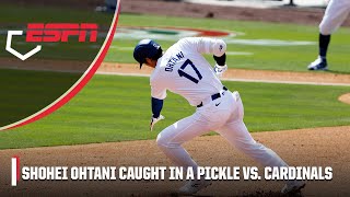 Shohei Ohtani CAUGHT IN A PICKLE after his first hit at Dodger Stadium 😳  ESPN MLB [upl. by Yrek]