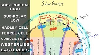 Subtropical high Subpolar low Easterlies Westerlies  Atmospheric circulation  Pressure belts [upl. by Aynahs]