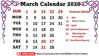 March Calendar 2026 marchcalender2026 [upl. by Leelah]