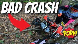 THE WORST PIT BIKE CRASH INTO A TREE WHILE TRAIL RIDING [upl. by Eihtak]