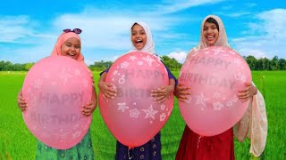 girls exciting funny moment spend when trying big balloon pop also learning colors for kids balloon [upl. by Klockau]