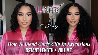 SEAMLESS CURLY CLIP IN EXTENSIONS INSTALL TUTORIAL â™ˇ HOW TO BLEND CLIP IN HAIR EXTENSIONS ft Unice [upl. by Yednarb]