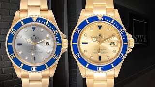 Rolex Submariner Yellow Gold Diamond Sapphire Serti Dial Watch 16618 and 16808  SwissWatchExpo [upl. by Mosenthal]