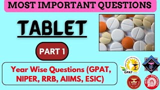 Tablet mcq Pharmaceutics  Previous year question MCQs GPAT NIPER ESIC AIIMS RRB [upl. by Robinetta]