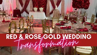 UNBELIEVABLE WEDDING TRANSFORMATION RED AND ROSE GOLD WEDDING FULL ROOM BACKDROP [upl. by Auqenahs]