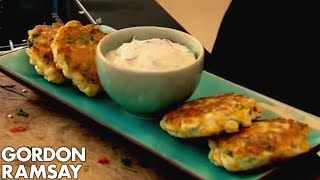 Sweetcorn Fritters and Yoghurt Dip  Gordon Ramsay [upl. by Eitten176]