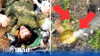 Russian soldier surrenders after Ukraine drone destroys trench with grenades near Bakhmut [upl. by Sorel688]