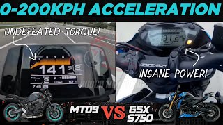 Yamaha MT09 🆚️ Suzuki GSX S750  0200kph Acceleration  Top Speed Attempt 🔥 [upl. by Nuawed]