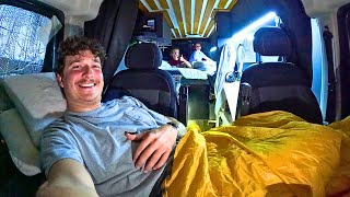 3 People Camping In 1 Van I Had to build A bed in the Front Seat [upl. by Rimaa]