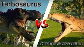 Tarbosaurus vs Carcharodontosaurus  Jurassic World  Jurassic World Evolution 2  Dinosaur fight 2 [upl. by Eronel]