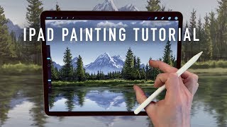 IPAD PAINTING TUTORIAL  Mountain and tree landscape art in Procreate [upl. by Crabb]