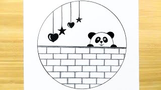 Panda Drawing  Panda Drawing in Circle  Easy Circle Scenery Drawing [upl. by Hcab]