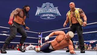 WWE 2K24 Roman Reigns The Rock Vs Cody Rhodes Seth Rollins Wrestlemania 40 [upl. by Ecnarrot]