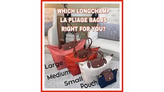 LONGCHAMP REVIEW  BAG COMPARISONS  FOUR DIFFERENT SIZES  SMALL MEDIUM LARGE amp POUCH [upl. by Gavriella]