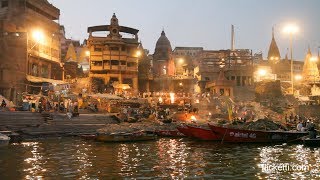 Boat ride on Ganges Ganga river aarti and Varanasi ghats including religious cremation ghats [upl. by Winna]