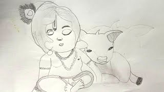 How to draw Krishna with Cow  Krishna drawing  Easy drawing step by step for kids [upl. by Llertniuq]