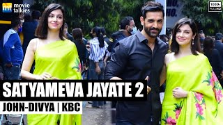 Gorgeous Divya Khosla in soothing saree with Macho Man John Abraham at KBC  Satyameva Jayate 2 [upl. by Bierman]