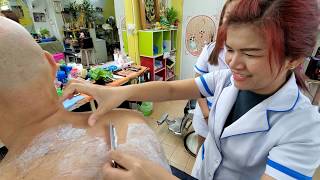 💈STRAIGHT RAZOR BACK SHAVE training by THREE Thai FEMALE Barbers 🇹🇭 Nin Barber PATTAYA Thailand [upl. by Nad]