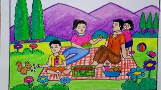 How to draw family picnic scenery drawing easy step by step for beginnerseasy picnic scene drawing [upl. by Learsiy144]