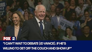 Tim Walz ready to debate JD Vance if he quotGETS OFF THE COUCHquot [upl. by Navillus]