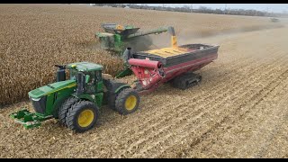 Two John Deere X9 1100 Combines with 16 Row Corn heads Harvesting a 640 Acre Field in Illinois [upl. by Malvia]