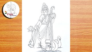 Maa Saraswati Drawing Full Figure  Sharda Drawing  Saraswati Mata Sketch Step by Step [upl. by Ronnica387]