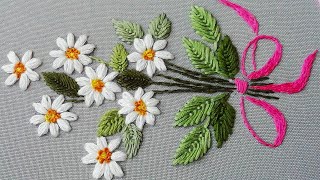 Hand Embroidery Daisy flower 🌼 Very easy stitches  top embroidery [upl. by Oizirbaf]