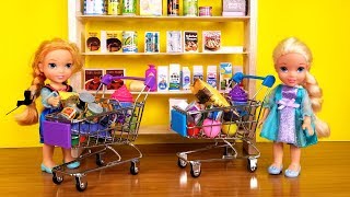 Elsa and Anna toddlers go grocery shopping  Barbie is store manager [upl. by Zelde]